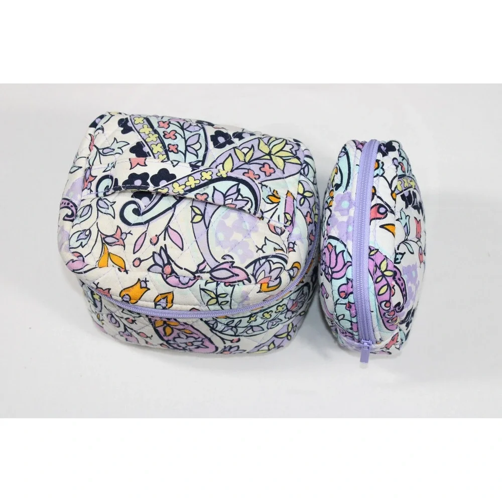 Vera Bradley Floral Quilted Cosmetic Travel Case Set Purple Makeup Bag Mini Case